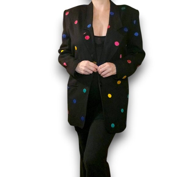 Vintage 80s 90s Embroidered Multicolor Polka Dot Blazer